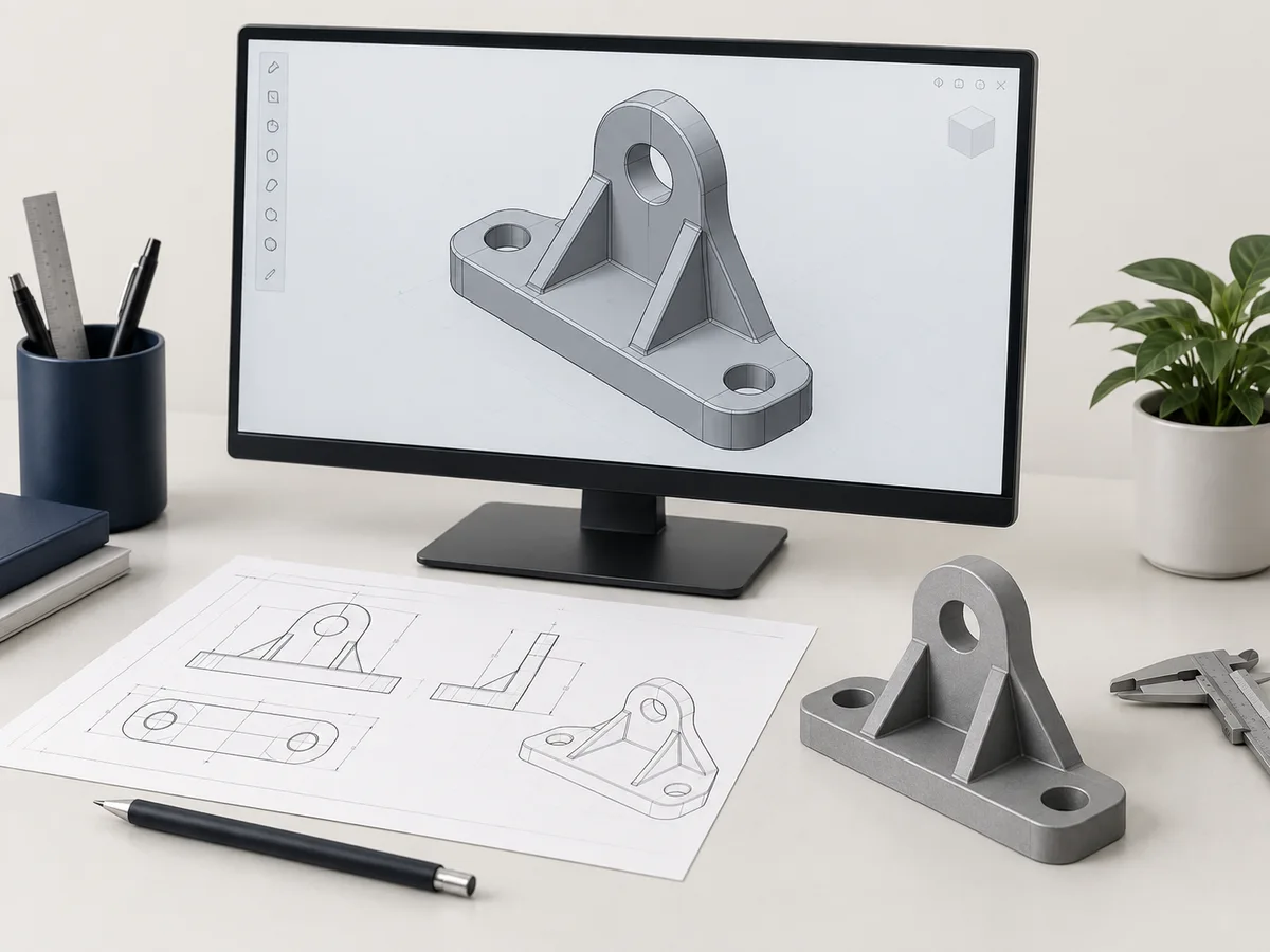 Model wspornika w programie CAD, szkic techniczny i przykładowy prototyp